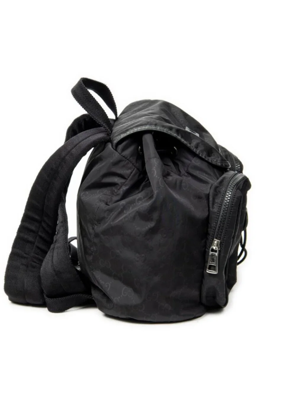Gucci Drawstring Flap Backpack Black GG Nylon Canvas